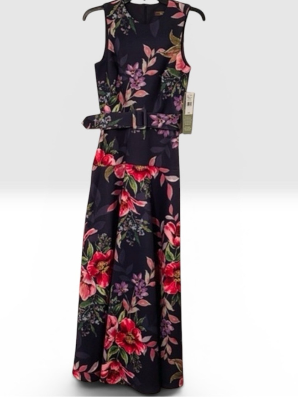 NWT Melonie T Navy Floral Belted Formal Evening Gown Wedding Guest Dress Sz 2